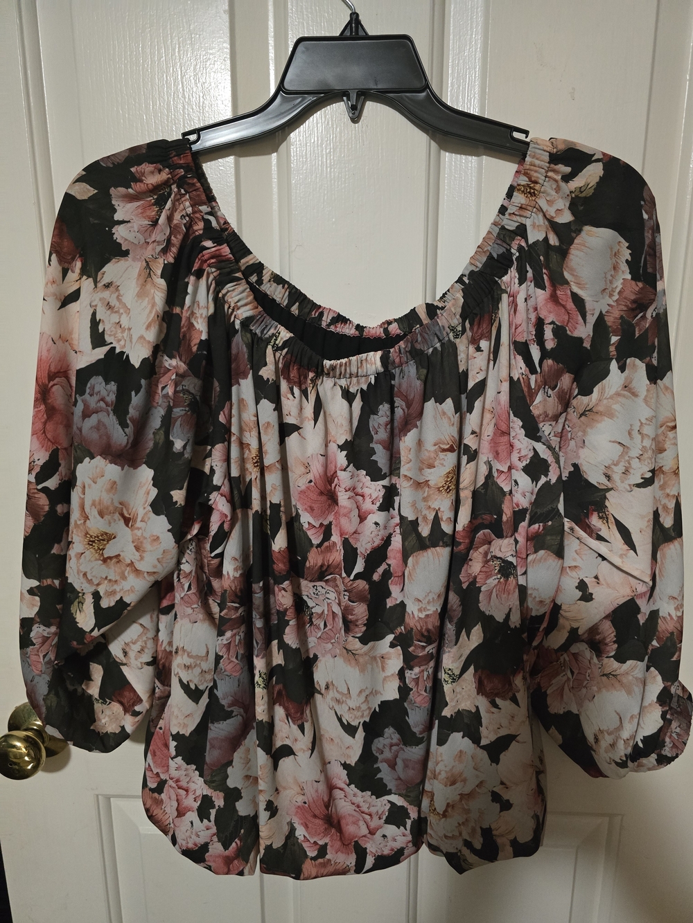 Chico's Black Floral Off-Shoulder Blouse with Pink and Cream Blossoms